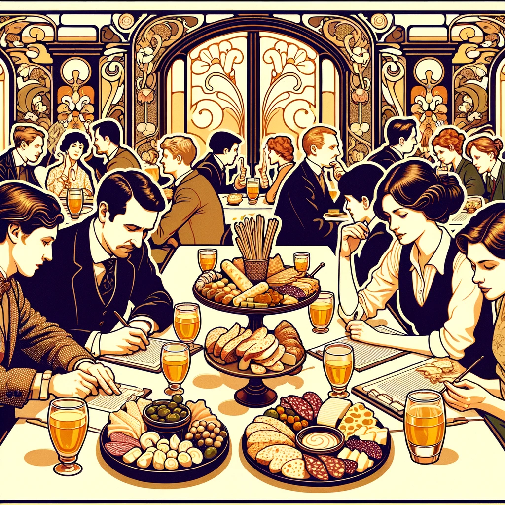 Art-nouveau scène met quizzers aan tafel